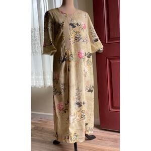 Chinese Qipao Cheongsam Style Dress M Tan Floral Tassel Gem Button Pullover Boho